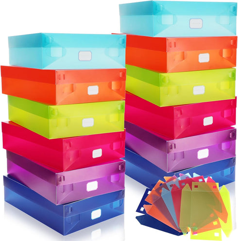 Pinkunn 12 Pcs Multicolor Plastic Document Boxes, 12.2 x 9.06 x 3.35 Inch Keepsake Storage with Lid