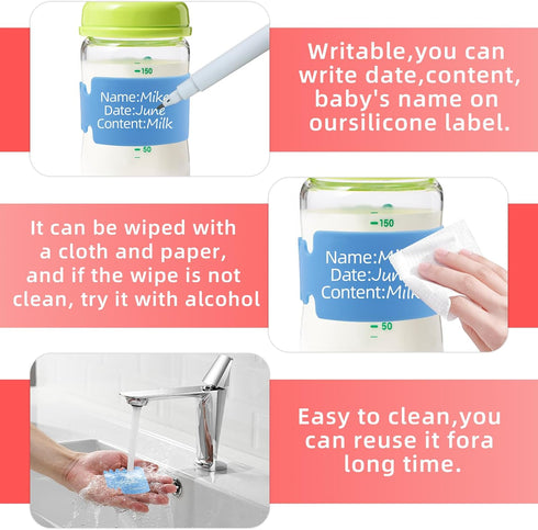 Fampery 8PCS 4 Silicone Baby Bottle Labels for Daycare Writable Bottles Label Reusable Bottle Bands for Daycares