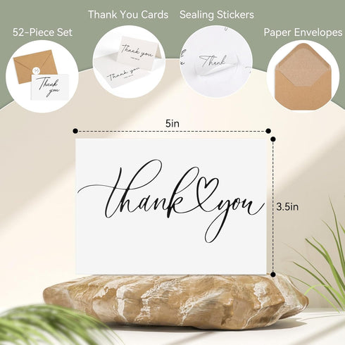 AZUREAL 52-Pack, 3.5x5 Inches Set Thank You Cards with Envelopes Minimalist Design Thank You Notes with Envelopes