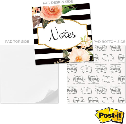 Black and White Floral Sticky Note Cube - 2.75" Memo Block Printed on 4 Sides, Modern Floral Stripe Design, Made in the