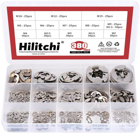 Hilitchi 380-Pcs E-Clip Circlip External Retaining Ring Assortment Set - 14 Sizes, 304 Stainless Steel