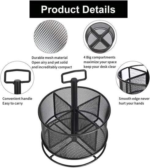 Marbrasse Mesh Desk Organizer, 360-Degree Rotating Multi-Functional Pen Holder, 4 Compartments Desktop Stationary Organizer, Home Office Art Supply Storage Box Caddy (Black) by Marbrasse