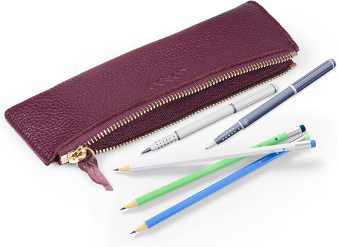 Genuine Leather Pen Case with Zipper Closure, Stylish Pencil Pouch Stationery Bag