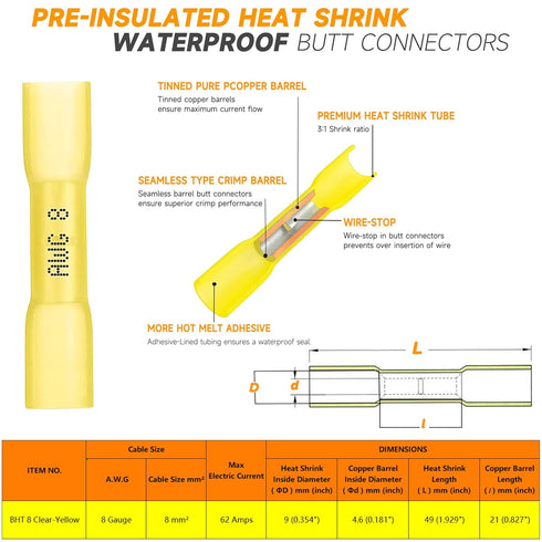 40 PCS 8 Gauge Heat Shrink Butt Connectors 8 AWG Yellow Pre-Insulated Marine Grade Insulated Butt Splice Connectors