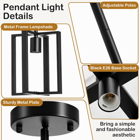 1-Light Pendant Light, Adjustable Height Farmhouse Pendant Light Fixtures, Black Hanging Light Fixture for Flat&Sloped