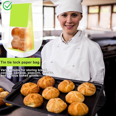 SixWeKit 50-Pack Packaging Reusable Bakery Bags - Windowed Kraft Paper Bags with Seal & Tin Tie Tab Lock - Upright