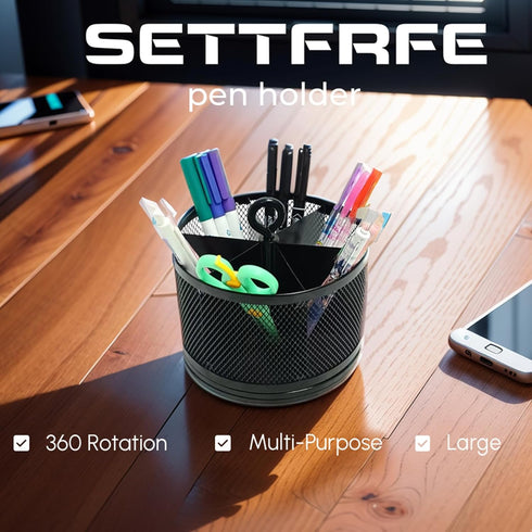 Rotating Pen/Pencil Holder for Desk, Supplies Organizer Pen Caddy, 6 Compartments Spinning Multi-Functional Large