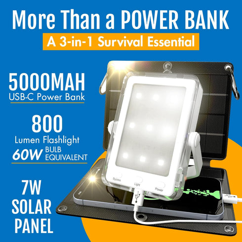 PRAANA 3-in-1 5000mAh 7W Solar Survival Kit, Emergency Flashlight with USB-C Power Bank & Solar Panel for Power
