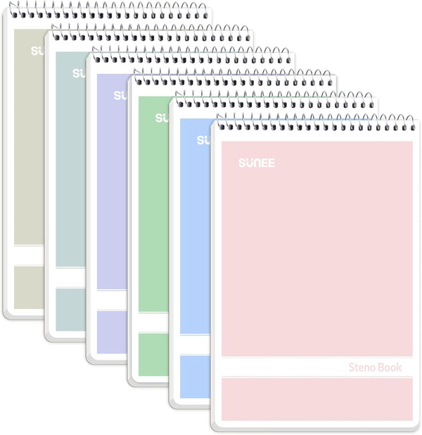 SUNEE Steno Pads 6x9 6 Pack, Gregg Rule, 60 Sheets, Assorted Color Spiral Notebooks for School University College Work