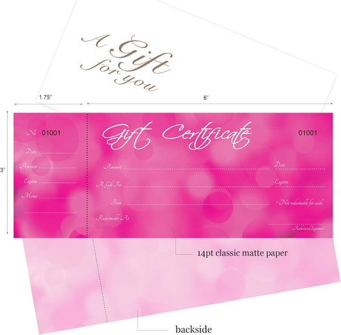 Blank Gift Certificates Set of 25, Pink Background with Free Matching Envelopes, Coupons for Small Business