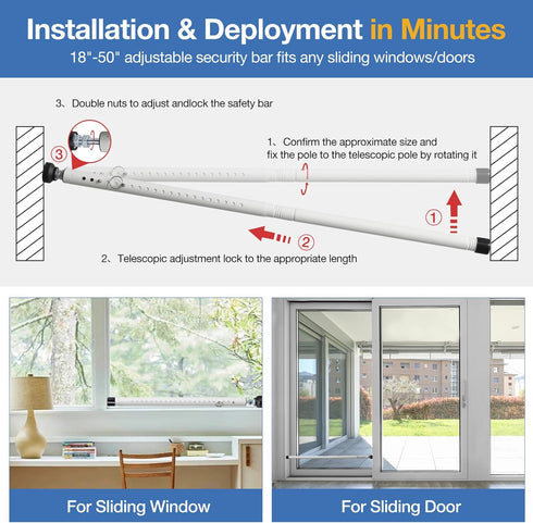 UIABOPZ 18"-50" Jammer, Sliding Door Security Bar, Adjustable Window Security Bars with Rubber Tips, Heavy Duty Door
