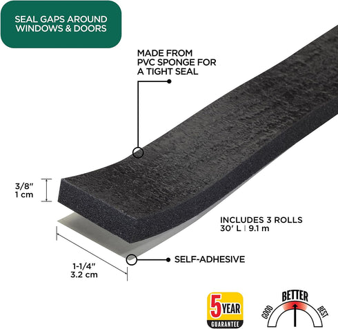 02631 3/8 1-1/4 30 M-D Building Products in. x in. x ft. Black Sponge Window Seal for Ex-Large Gaps