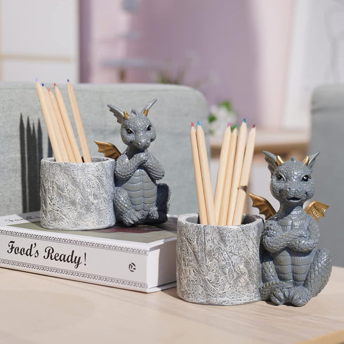 Guichifun Dragon Pen Holders, Set of 2 Cute Decor Figurines for Desk, Fashion Organizers for Women and Kids