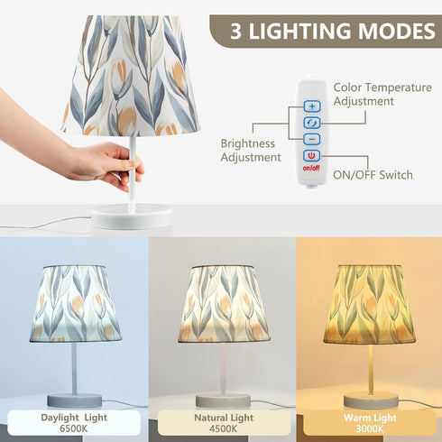 Bedside Lamp Blue Grey Leaf Pattern Table Lamp Bedroom LED Nightstand Desk Lamp Lampshade for Sleeping Living Room Dorm