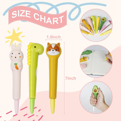 Kawaii Squishies Pens 10pk, Gel Ink Animal Pens, Fun Kids Stationary, Great for Stress Relief, 20 Refills
