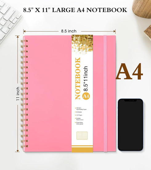 Spiral Notebook Journal 8.5” x 11”, A4 Large Pink Notebooks for Women Men, College Ruled Lined Journal, 100 GSM Paper, Plastic Hardcover Spiral Bound Journals for Work School Note Taking Business by UEBZFOCS