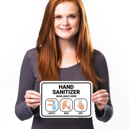 10x7 Inches, 4 Hand Sanitizer Available Here with Apply Rub and Dry Hands Graphic Sign, Mil Vinyl Decal Stickers