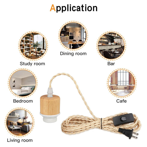 Zevnico 15ft Bulb E26 E27 Wood Pendant Light Cord Kit with Shade Ring and ON Off Switch, Hanging Lamp Kit Plug in Cord