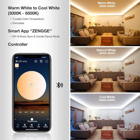 3000K-6500K Room,Closet (32.8Feet Dimmable) CT CAPETRONIX Tunable White LED Strip Light, LED Strip Light, High