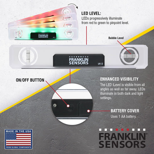 12-inch 2 Franklin Sensors Light Level, Turns Green When Level, Digital/Electronic, Magnetic Torpedo Leveler, Vertical