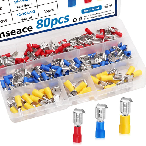 smseaces 80Pcs Insulated Piggy Back Spade Connectors 22-10AWG 6.3mm for Automotive, Audio Systems, Household Appliances