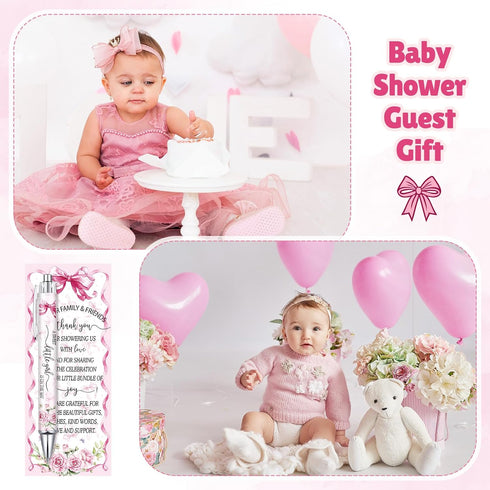 Sayglossy 50 Sets Pink Baby Shower Pens with Thank You Cards Baby Shower Favors for Guests Pink Bow Ballpoint Pens Bulk