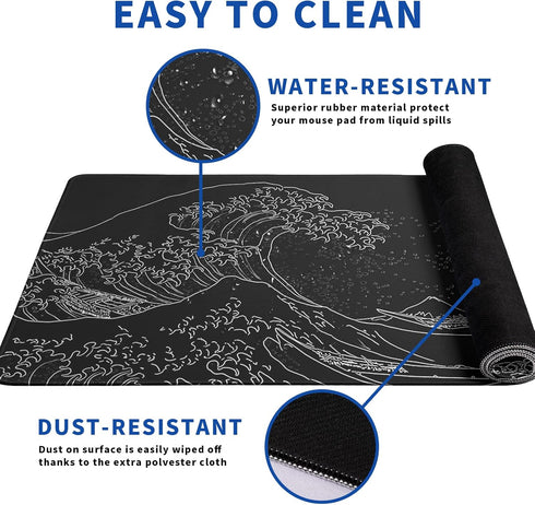 Japanese Gaming Mouse Pad, Abstract Black Sea Wave Texture, 31.5x11.8 Inch Non-Slip Rubber Base