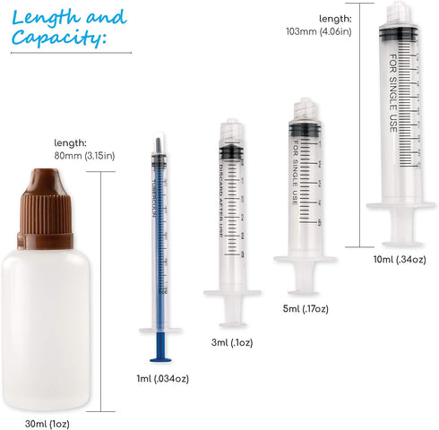 Free Hand Syringe Blunt Tip Needle Set - 10 Syringes, 10 Needles, 10 Caps, 2 Storage Bottles for Measuring Liquids