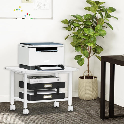 Lerliuo Under Desk Printer Stand, 2-Tier Mobile Printer Table with Storage Shelf and Lockable Wheels (White)