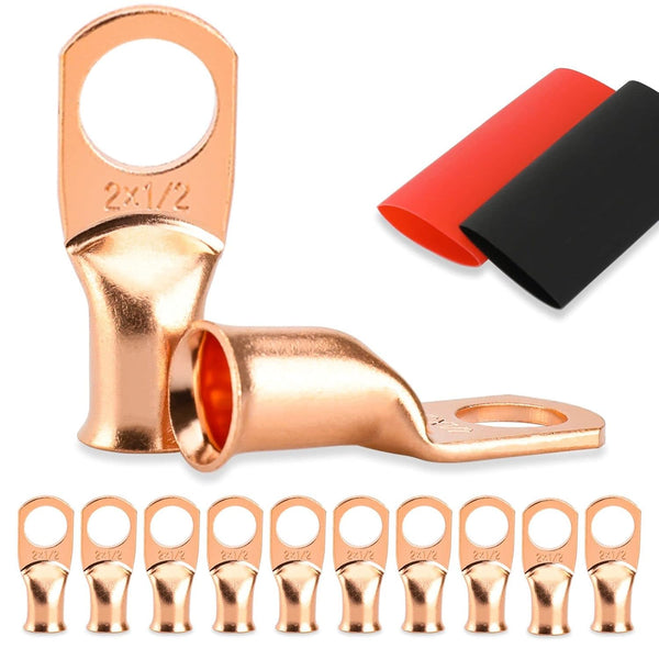 10PCS Battery Cable Ends, 2 Gauge Wire Connectors 1/2 Copper Wire Lugs with Heat Shrink Tubing