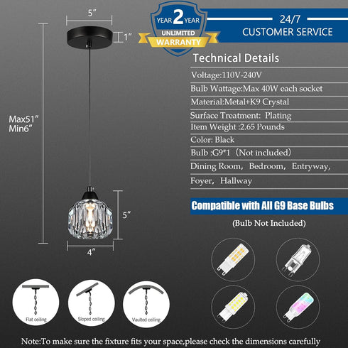 1-Light Weesalife Crystal Chandeliers for Dining Room Lights Fixture Over Table, Black Modern Pendant Light