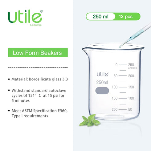 Utile 250ml Beaker Set, Upgraded Thickening Low Form Borosilicate Glass Beakers, 12pcs of 8.5oz Graduated Beakers
