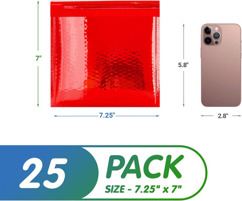 Red Metallic Bubble Mailers, 7.25 x 7 Inches, 25 Pack Waterproof Padded Shipping Envelopes