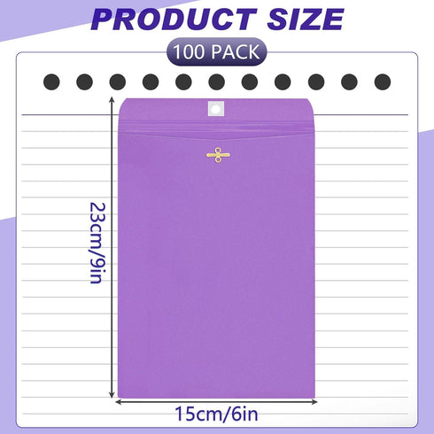Geyee 100 Pcs Clasp Envelopes, Manila Gummed Mailing Envelopes for Home Office Business Supplies (Purple, 6 x 9 Inch)
