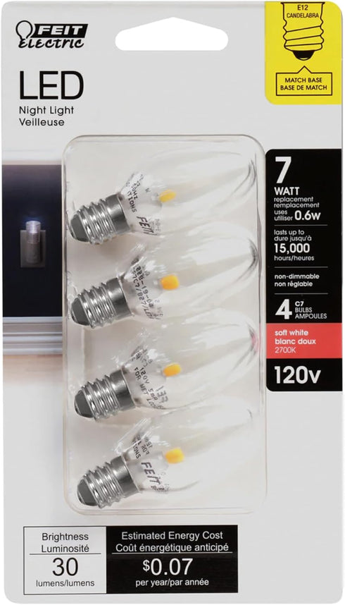 BP7C7/827/LED/4 0.6W 7W 30 C7 Bulb, 2.1" 0.9" 2700K 4 Feit Electric Equivalent Lumen Candelabra Base Four LED Night
