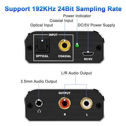 192kHz 3.5mm Digital to Analog Audio Converter, DAC Digital Coaxial and Optical Toslink to Analog Jack Adapter and RCA