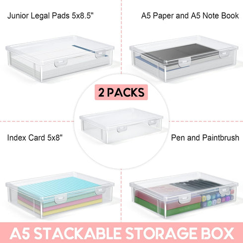 Vowcarol Storage Boxes for 5in x 8in Legal Pads, Washi Tape Organizer, A5 Paper Storage Bin, 5 x 8 Inches Index Card Box- 2 Pack by Vowcarol