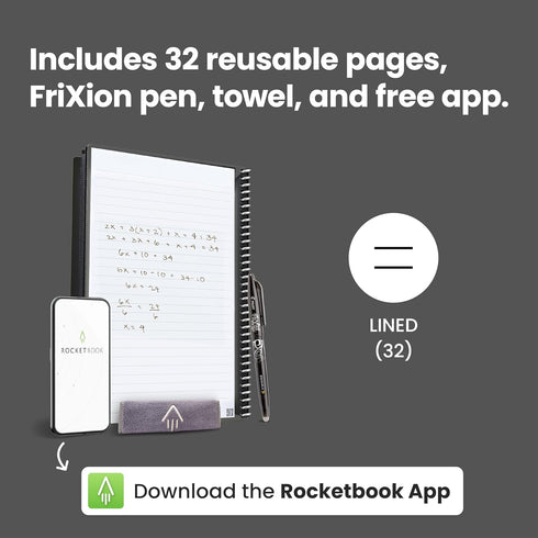 Rocketbook Core Reusable Spiral Notebook, Letter Size 8.5x11, Black, Lined Pages, App-Connected, Erasable, Durable Cover