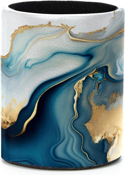 PU Leather Circular Pen Holder, Abstract Blue Gold Marble Desk Organizer with Flannel Lining for Office & Home