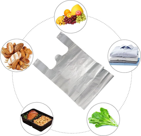 T Shirt Bags - Plastic Bags with Handles for Grocery and Retail Shopping, 12x20 Inch (Silver, 50pcs)