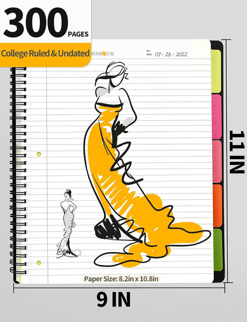 SUNEE 5 Subject Notebook, College Ruled, 300 Pages, 8.2"x10.8", 5 Pocket Colored Dividers, 3-Hole Punched Paper, Black