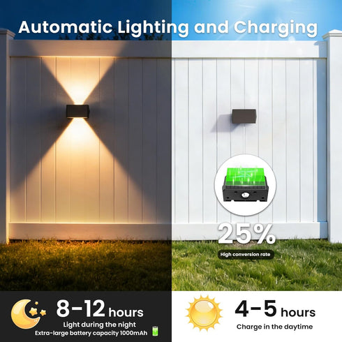 6 Pack IP67 Solar Fence Lights Outdoor, Warm White Up and Down Solar Wall Lights, Waterproof LED Dusk to Dawn Solar