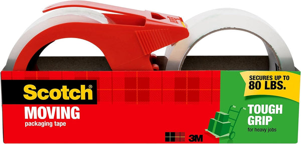Scotch Tough Grip Moving Packing Tape, Clear, 1.88 in. x 38.2 yd., 2 Rolls, Secures Boxes up to 80 Pounds