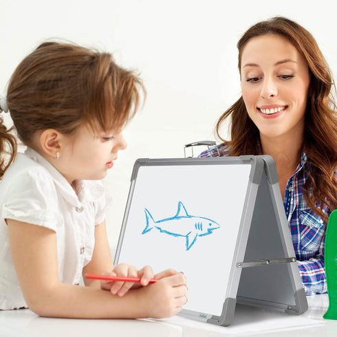 Small Double Sided Magnetic Dry Erase Board with Calendar - Portable Folding Whiteboard for Desktop, Monthly Schedule