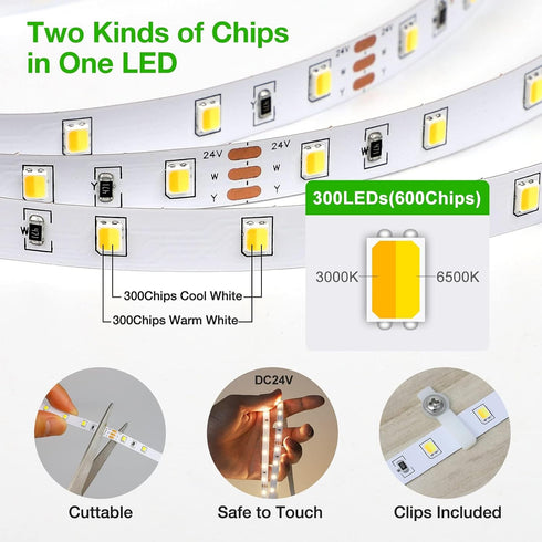 3000K-6500K Room,Closet (32.8Feet Dimmable) CT CAPETRONIX Tunable White LED Strip Light, LED Strip Light, High