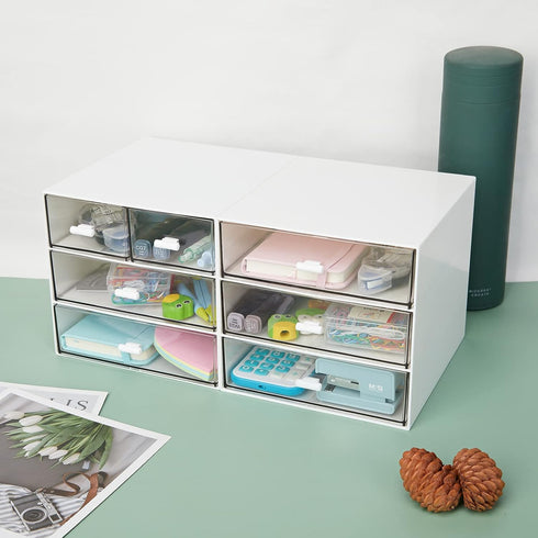 LETURE Desk Organizer with 4 Drawers, Clear Plastic Desk Storage Box, Desktop Organization for Office Supplies, Gel Pens, Pencils, Markers, Tape, Erasers, Paperclips, Chargers (White-4 Draws) by LETURE