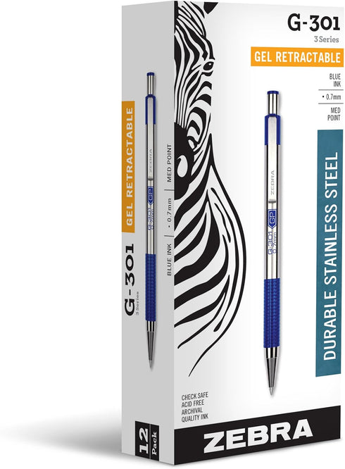 Zebra Pen G-301 Retractable Gel Ink Pen, Stainless Steel Barrel, Medium Point, 0.7mm, Blue Ink, (Pack of 1, 12 Count