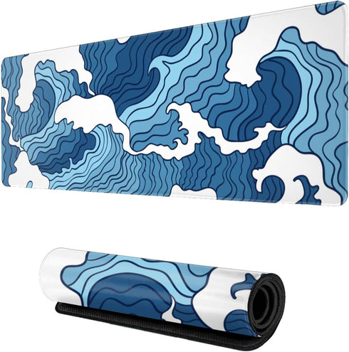 Japanese Blue and White Wave Gaming Mouse Pad XL, Non Slip Rubber Base, Extended Large Desk Pad