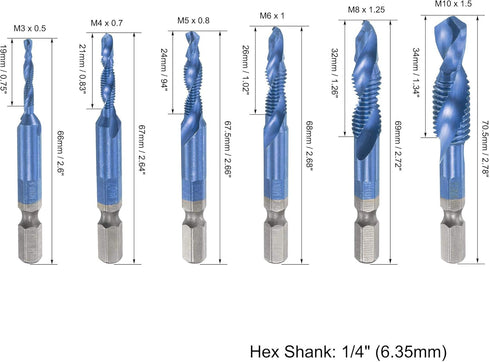 uxcell Combination Drill and Tap Bit Set M3 M4 M5 M6 M8 M10 with 1/4" Hex Shank Bluing High Speed Steel Countersink Bit Spiral Flute Tapping Tool 6pcs by uxcell