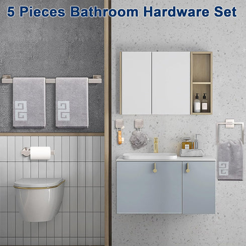 5 Set 304 24" 2 NearMoon Pieces Bathroom Hardware Stainless Steel, Square Towel Rack Kit - Towel Rod + Towel Ring +